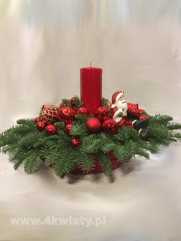 Stroik świąteczny z naturalnej jodły nobilis czerwone dekoracje mikołajek w czerwonym naczyniu